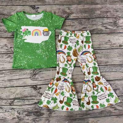 China Casual St. Patrick's Day Style Dress Green Shirt With Clover Rainbow Print Bell-Bottom Pants Set For Baby for sale