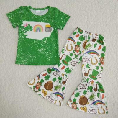 China Holiday Baby's St. Patrick's Day Outfit Green Bleached Shirt Bells Pants Set Outfits For Spring for sale