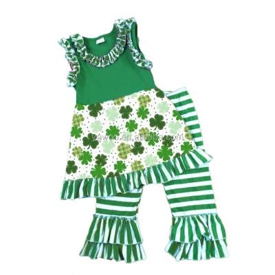 China Children Kids Girls Clothing Sets Yawoo Clover Patterns Tunic Match Green Stripe Pants St Patrick's Day Clothes Wholesale Kids Clothing USA for sale