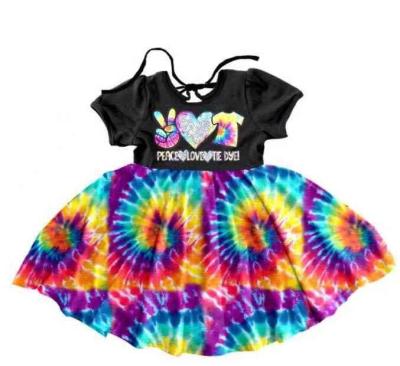 China Custom Viable Peace Love Style Black Color Tie Dye Short Sleeve Dress Girl's Clothes for sale