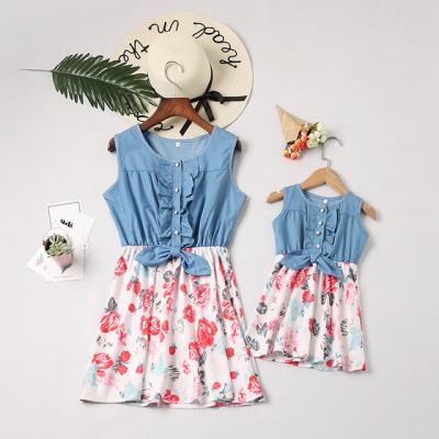 China Viable Babies Yawoo hotsale mommy and me floral denim top skirt little me boutique kids dresses for sale