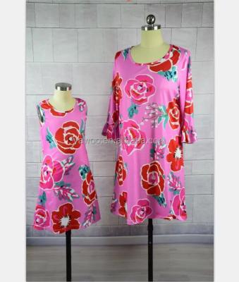 China Yawoo Viable Wholesale Mommy and Me Dresses Milk Hot Pink Floral Print Women and Girls Silk Dresses for sale