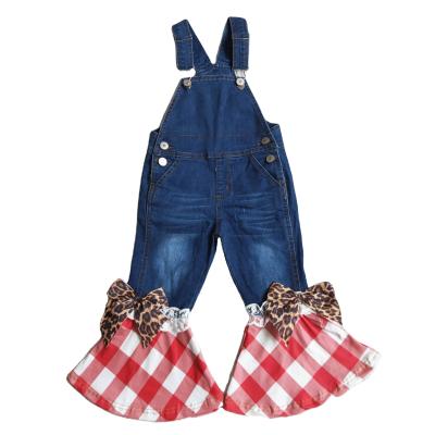 China Breathable Bow Knot Leopard Print Kids Clothing Plaid Strap Red Jeans Overalls Girl Clothes New Design for sale