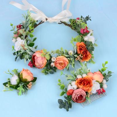 China Hair accessories wholesale real artificial green bridal headdress flowers garland wedding rattan leaf hair comb silk corolla set for sale