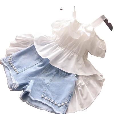 China New Casual Kids Summer Fashion Suspender Tuxedo Tops And Denim Shorts Two Piece Set for sale