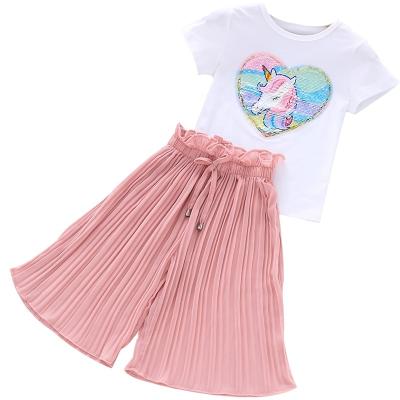 China Kids Sequin Pineapple Pony Casual Short Sleeve T-shirt Chiffon Wide Leg Pants Two Piece Set For Trendy Kids for sale