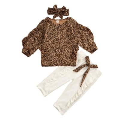 China Popular girl's solid color pants leopard bow upper belt long sleeve round neck casual leopard print three-piece set for sale