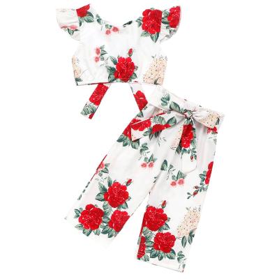 China Children's Casual New Girl Rose Printed Clothes Invest Bow Belt Pants Hair Belt Kids Three Piece Set for sale