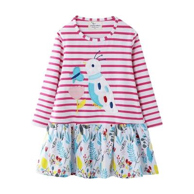 China Hot Selling Breathable Toddler Girls Cotton Clothes Cartoon Birds Layered Dress Long Sleeve Striped Sweater Dress for sale