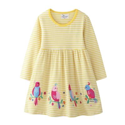 China Spring Autumn Cartoon Birds Casual Dress Breathable Hot Selling Cotton Long Sleeve Striped Layered Dress For Kids Girls Children for sale