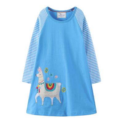 China Wholesale Breathable Blue Long Sleeve Striped Casual Dress Cartoon Pony Horse Jersey Dress Cotton Baby Kids Clothing for sale