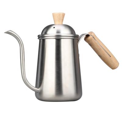 China WITH LID Vendor 650ml Stainless Steel Spout Long Gooseneck Coffee Hot Kettle With Wooden Handle for sale