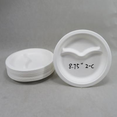 China Disposable 2-Compartment Microwave Bagasse Paper Plate Disposable Eco-Friendly Made Of Sugar Cane Fibers for sale