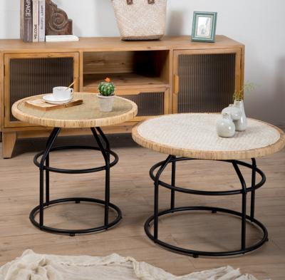 China Rattan grass style iron art pastoral tea table round coffee table rattan tea table small group for sale