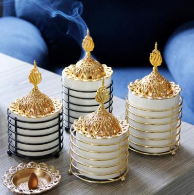 China Chinese Luxury Cylinder Shape Incense Light White Ceramic Censer with Metal Wire Holder for sale