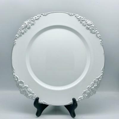 China Wedding 13 Inch 33cm Round Black Event Charger Plates White Gold PVC Plastic for sale