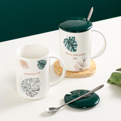 China Sustainable Nordic Style Originality Milk Coffee Leaf Mug With Spoon Stats Customized Lovers Gift Handmade Ceramic Mugs With Cover for sale