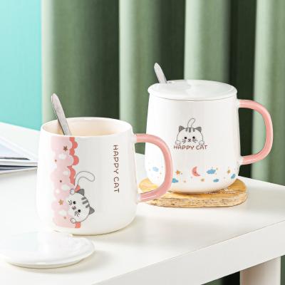 China Viable RTS Personalized Eco-Friendly Happy Cute Cartoon Coffee Mug Handmade Milk Cat Water Ceramic Mugs With Lid for sale