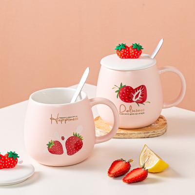 China Cute Strawberry Kids RTS Viable Gift Cartoon Water Mug With Cover Personalized Coffee Milk Ceramic Mug With Spoon for sale