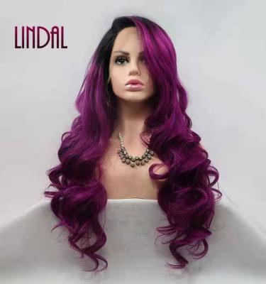 China Other LINDAL Wigs Lace Front Wigs Ombre Synthetic Heat Resistant Purple Natural Wave Synthetic Hair Lace Wig for sale