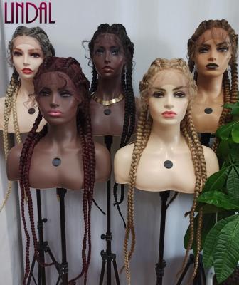 China LINDAL Factory Price Women Long Braided Lace Wig Glueless Afro Cornrow 4 Long Braids Braided Hair Wig for sale