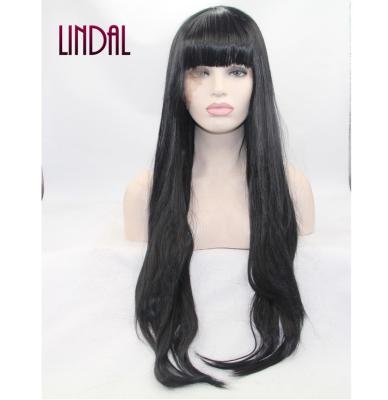 China LINDAL Straight Blonde Bang Synthetic Lace Wigs Mixed Color 14-24 Inch 13x3 Black Lace Front Synthetic Wigs With Bang for sale