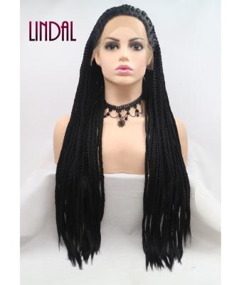 China LINDAL Long Synthetic Braided Black Braided Lace Front Wig High Temperature Synthetic Wig for sale