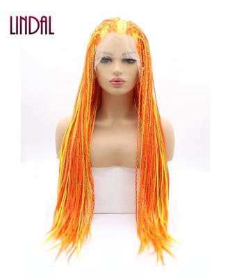 China LINDAL Colorful Braided Heat Resistant Fiber Wig Ombre Color 24 Inch Braided Synthetic Lace Front Wigs for sale