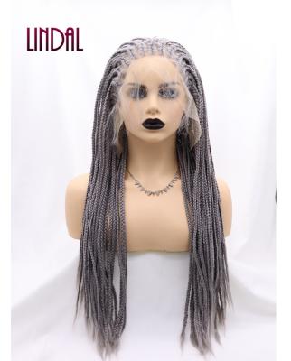 China LINDAL Synthetic Knotless Braided Wig 13x3 Full Lace Wig Afro Gray Women Heat Resistant Fiber Braided Frontal Wig for sale