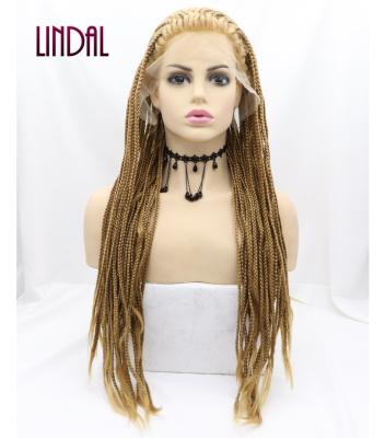 China LINDAL Braided Blonde Braided Lace Front Wigs Heat Resistant Fiber Synthetic Hair Micro Braided Box Braids Wig African American Hair for sale