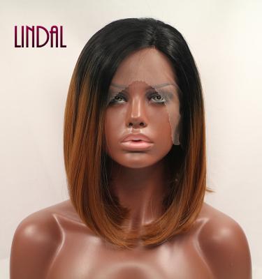 China Other LINDAL High Quality Short Brown Lead Lace Front Wig 14inches Ombre Synthetic Lace Wig High Quality Synthetic Wig for sale