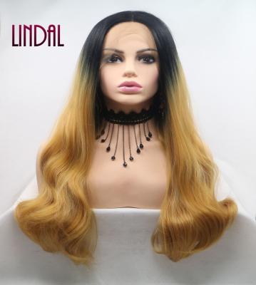 China Other LINDAL Long Hair Natural Synthetic Brown Ombre Wig Body Wave Synthetic lacefront wigs for sale