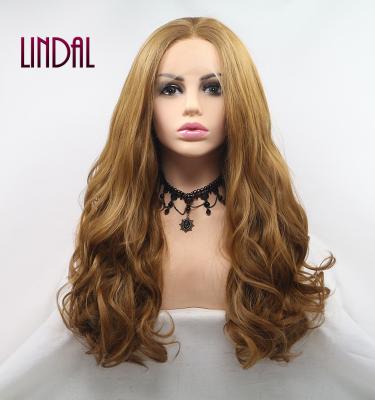 China LINDAL Hot Selling Brown Hair Wig Deep Part Lace Front Synthetic Body Wave Other Lace Wigs For Black Women Synthetic for sale