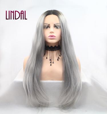 China LINDAL Silk Top Straight Ombre Futura Fiber Lace Front Gray Synthetic Wigs Long Straight Synthetic Cosplay Wigs For Women for sale