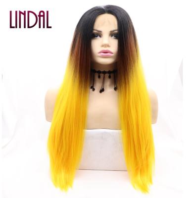 China HD LINDAL Wigs Ombre Lace Frontal Synthetic Wig Straight Synthetic Wig Yellow cosplay lace mix wig with lace front for sale