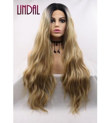 China Other LINDAL Brown Synthetic Deep Wave Wigs Lace Front Human Hair Wigs Ombre Ombre Synthetic Deep Wave Long Wigs for sale