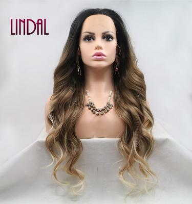 China Other LINDAL wigs hd lace front synthetic wig ombre wave popular natural brown color high quality synthetic heat resistant for sale