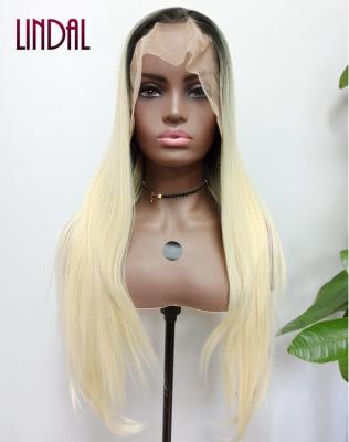 China LINDAL 13x6 Straight Synthetic Hair Ombre Wig Black Blonde Straight 13x6 Lace Front Wig for sale