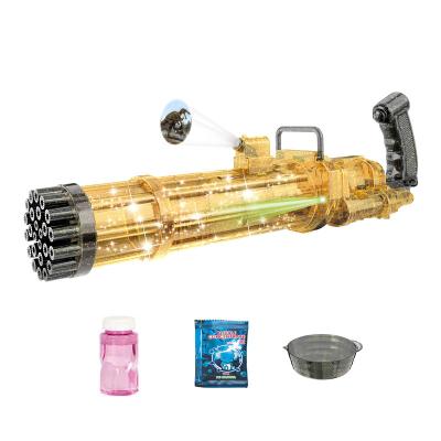 China Newest Designed 25 Holes PP Gatling Bubble Machine Gun Can Projection With Transparent Lights Bubble Gun Toys for sale