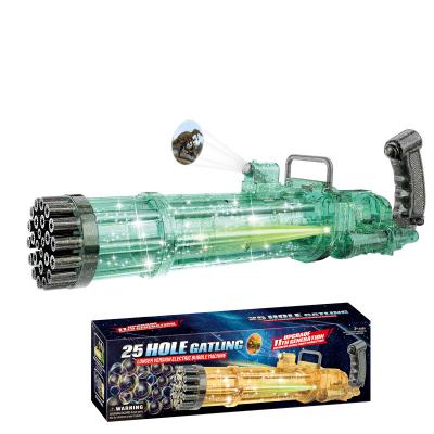 China Automatic PP 25 Holes Bubble Gatling Outdoor Toys Handheld Electric Clear Bubble Gun Transparent Gun With Projection And Lights for sale