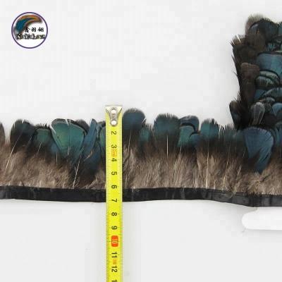 China Garment Accessories and Trims 2-2.8 inch (5-7 cm) Nature Blue Pheasant Feather Trims Fringe with Satin Ribbon Sewing Crafts Costume Decoration for sale