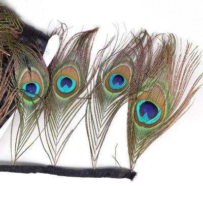 China Garment Accessories and Trims 6.4-6.8 inch (16-17 cm) Nature Color Peacock Eye Feather Trims Fringe with Satin Ribbon Sewing Crafts Costume Decoration for sale