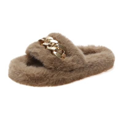 China CUSHIONING 2021 New Fox Furry Flip Flops Diamond Chain Fur Home Slides Furry Sandals Bedroom Slippers For Women Ladies for sale