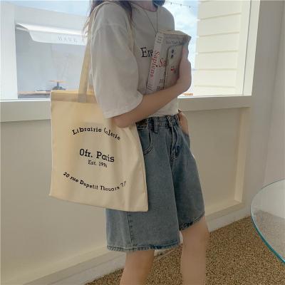 China Eco Friendly Women Canvas Shoulder Bag Paris Letters Print Shopping Bag Eco Cotton Canvas Shopper Bags Cloth Fabric Handbag Tote For Girls for sale