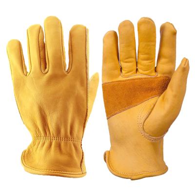 China Motorcycle Riding Anti Slip Wear Resistant Wildly Used Hotsale Yellow Trapezoidal Thumb Cowhide Grain Leather Hand Work Safety Gloves for sale