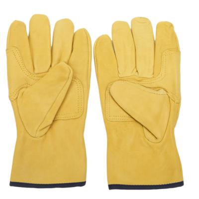 China Heavy Duty Palm Handling Wear Resistant Heavy Duty Patch Reinforce Yellow Anti Slip Cow Grain Leather Safety Welder Driver Mechanics Work Gloves for sale