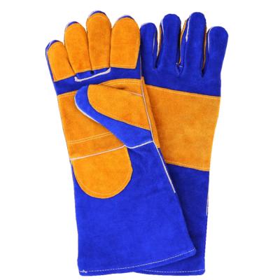 China Heavy Duty Work Palm Fingers Reinforced Argon Arc MIG Blue Yellow Slot Whip Welding Leather Welder High Quality Safety Hand Gloves for sale