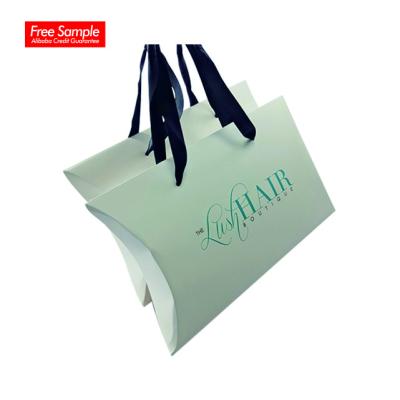 China Luxury Reused Materials Cardboard Wig Hair Extension Packaging Custom Logo Window Pillow Shape Gift Boxes With Ribbon Handles for sale