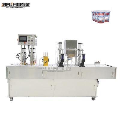 China Juice Milk Coffee Water Yogurt Automatic Pneumatic Liquid Plastic Cup Fruit Food Sauce Filling Sealing Machine for sale