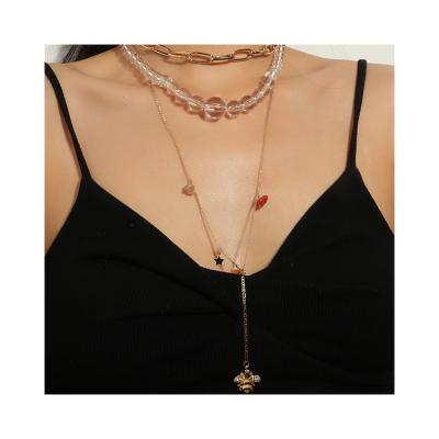 China European and American border European and American multi-layer necklace simple round ball drop bead hip-hop necklace bee metal chain necklace for sale